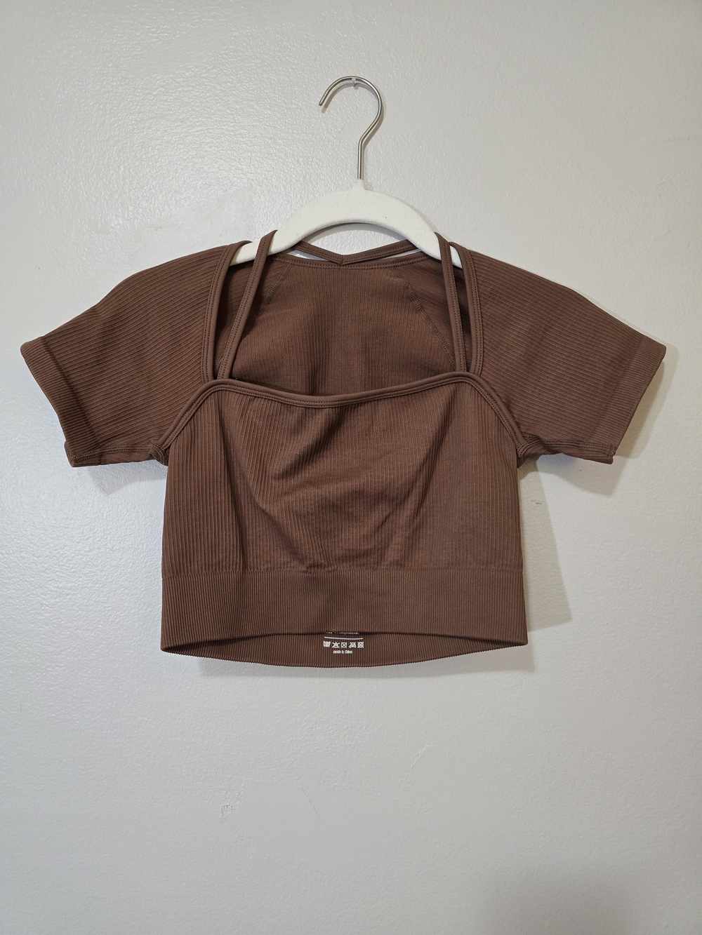 OQQ Brown Ribbed Short Sleeve Double-Strap Crop Top - Picture 4 of 4